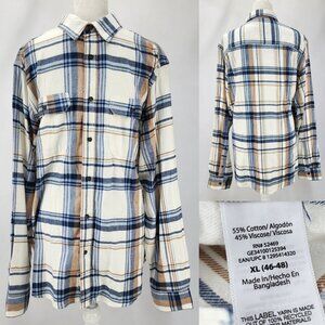 George Mens XL 46-48 Ivory Plaid Cotton Viscose Flannel Long Sleeve Button Shirt